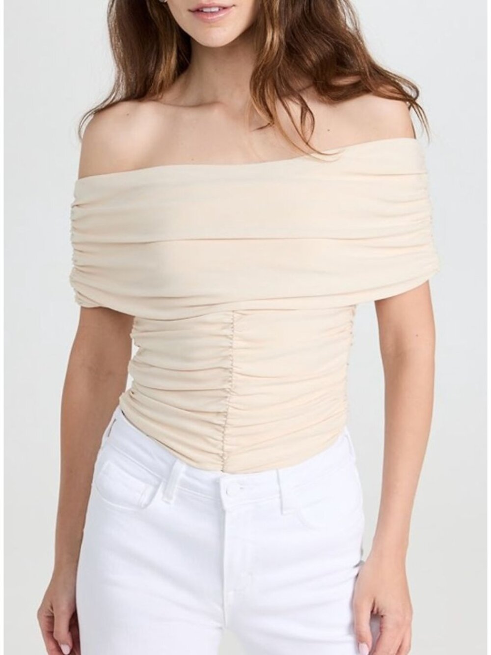 Pixie Market Riva Off Shoulder Ruched Top Beige Size Medium